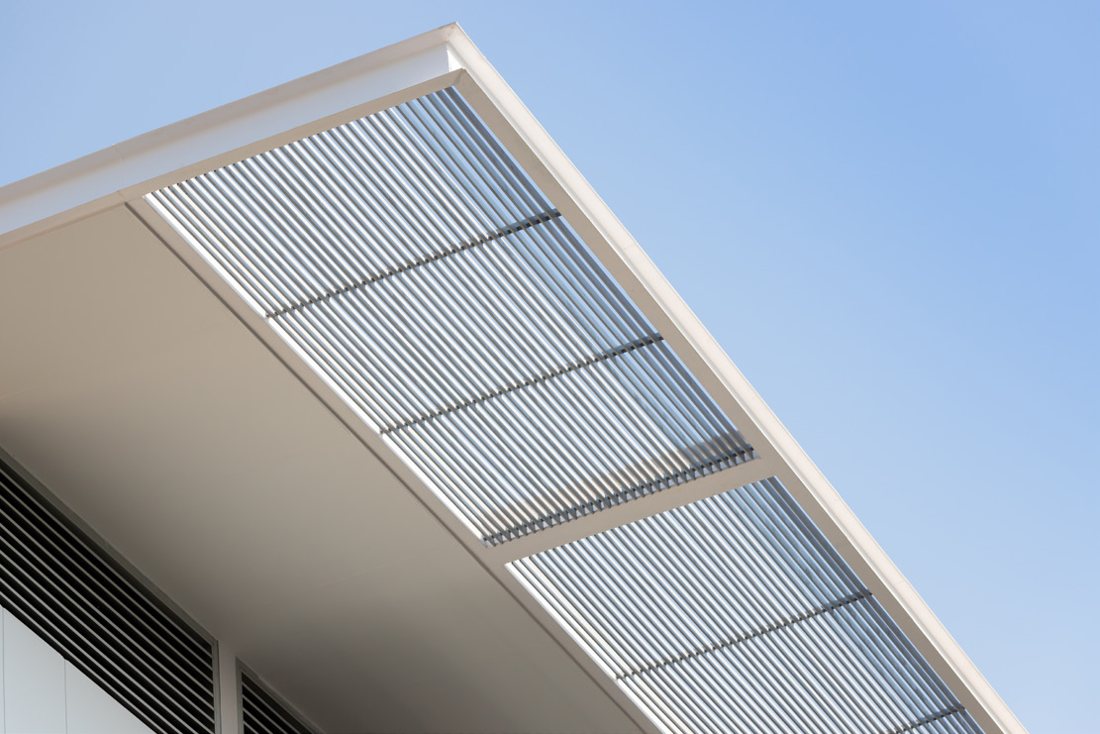 Louvered aluminium canopy seen from below