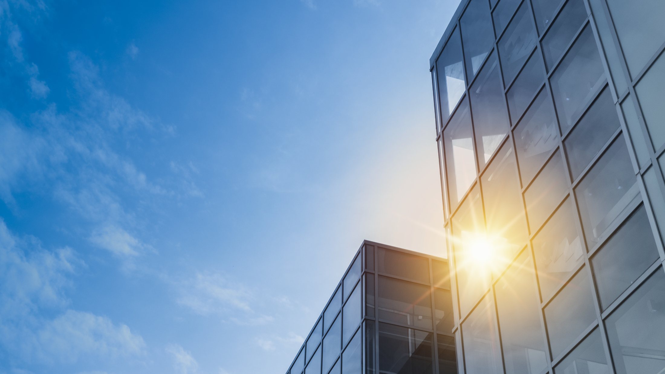 Glass curtain wall façade reflecting sunlight